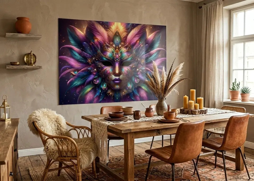 poster d'art contemporain représentant un masque entouré de plumes aux couleurs roses bleues et violettes dans un intérieur bohème, décoration murale artistique multicolore – SEVEIA