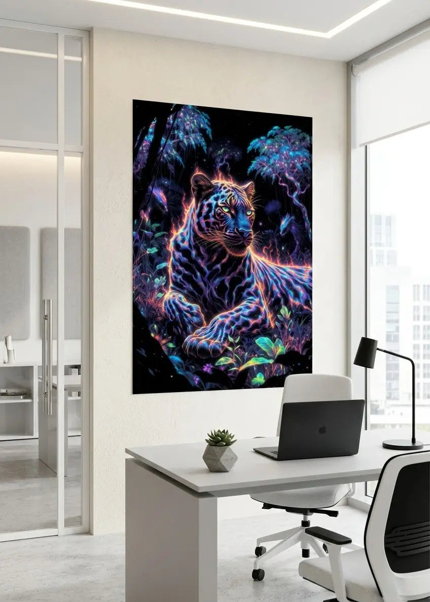 poster d'art contemporain représentant une panthère aux couleurs électriques dans la jungle dans un intérieur moderne blanc et noir, décoration murale artistique aux tons multicolores – SEVEIA