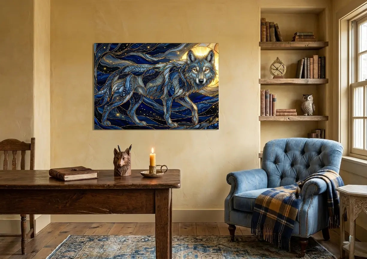 Poster premium d'un loup gris et bleu comme les racines entrelacées avec énergie cosmique et lumière dorée, art symbolique contemporain représentant l’ancrage, la connexion à la nature et à l’univers un intérieur campagne cosy sur un mur ocre doux - SEVEIA
