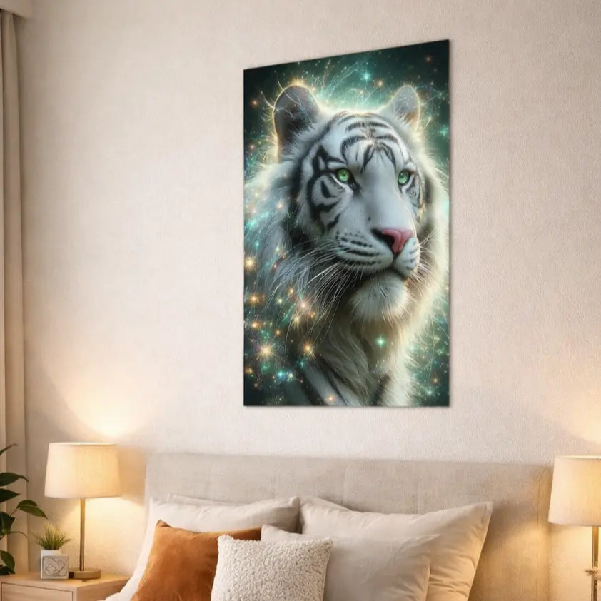 Poster premium d'un tigre blanc cosmique avec regard intense vert entouré d’étoiles, art symbolique de puissance et de maîtrise intérieure. Art symbolique contemporain SEVEIA.