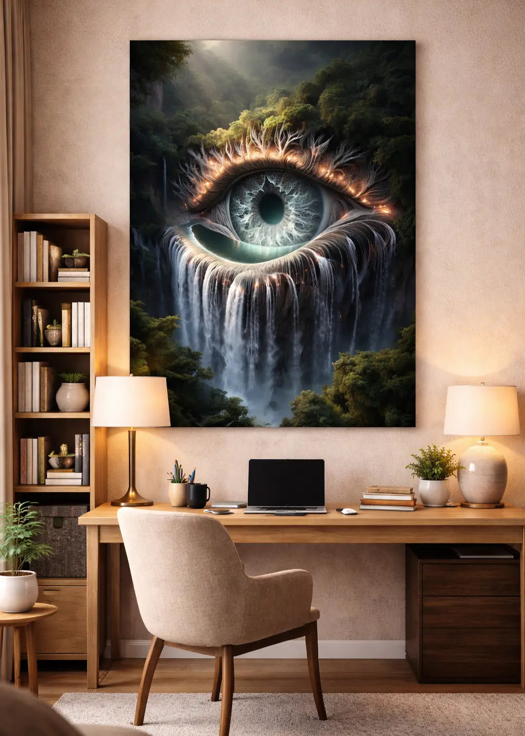 poster premium d'art contemporain représentant un oeil dans la forêt dont les larmes sont une cascade, dans un intérieur minimaliste terracota, décoration murale artistique aux tons naturels et organiques – SEVEIA