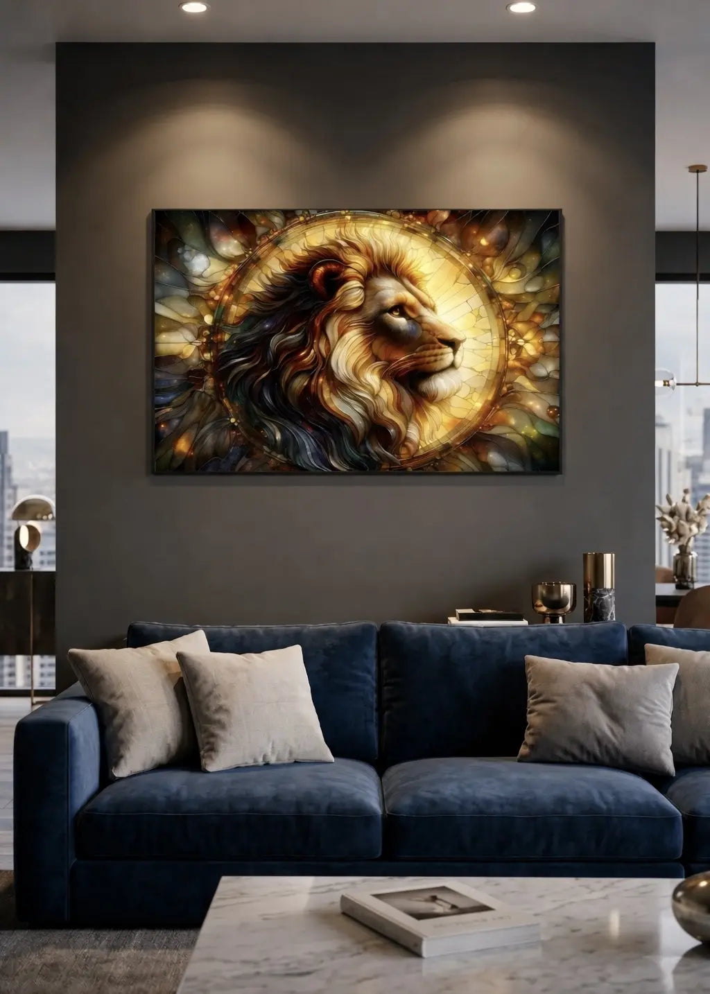 Affiche vitrail tête de lion avec halo doré dans un intérieur salon moderne sur un mur taupe, style totem symbolique contemporain - SEVEIA.