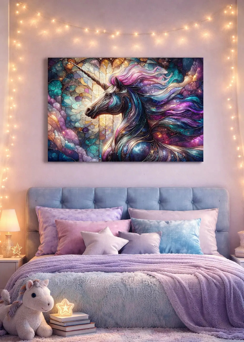 Affiche vitrail licorne aux teintes bleues et violettes, crinière lumineuse et sertissage doré dans un intérieur chambre cosy aux teintes pastelles sur un mur rose, art symbolique contemporain - SEVEIA.