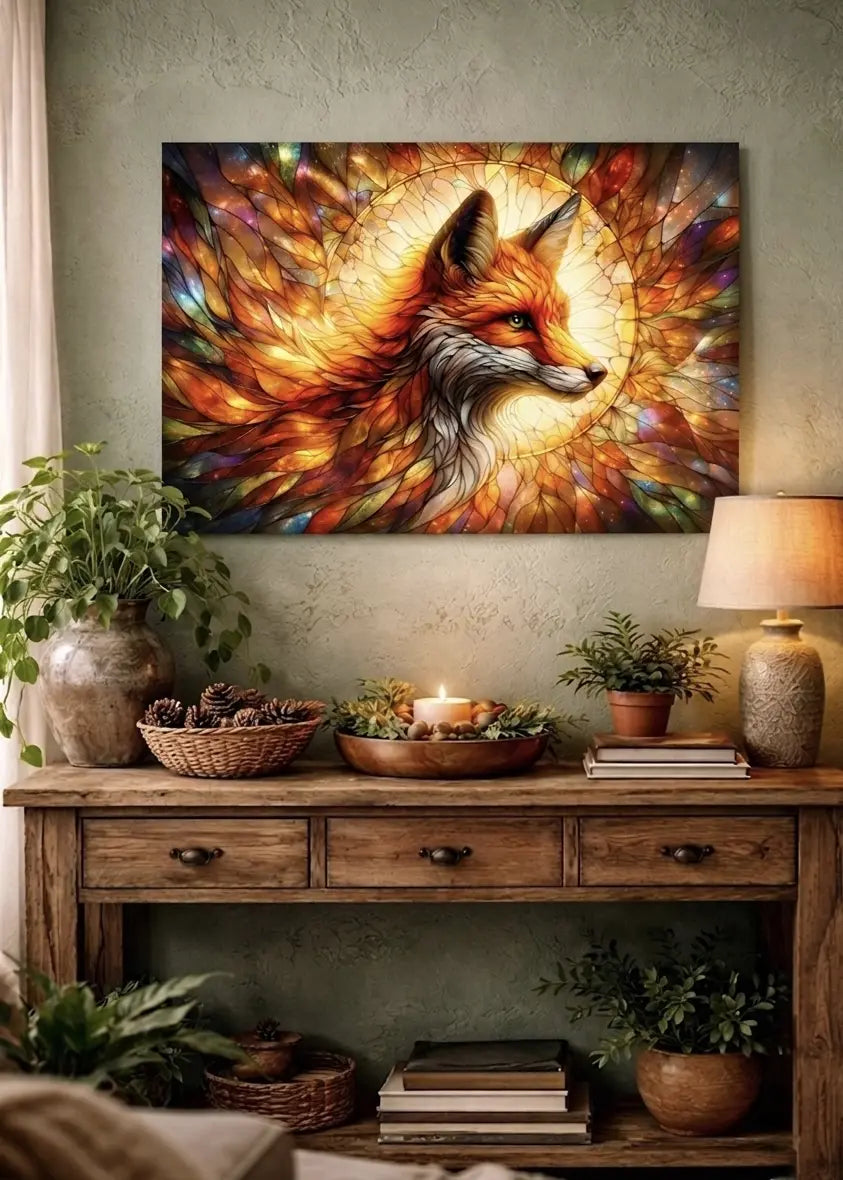 Affiche premium vitrail renard orange et ambre entouré de motifs feuillus, style totem dans un intérieur cosy campagne chic sur un mur vert sauge, art symbolique contemporain  SEVEIA.