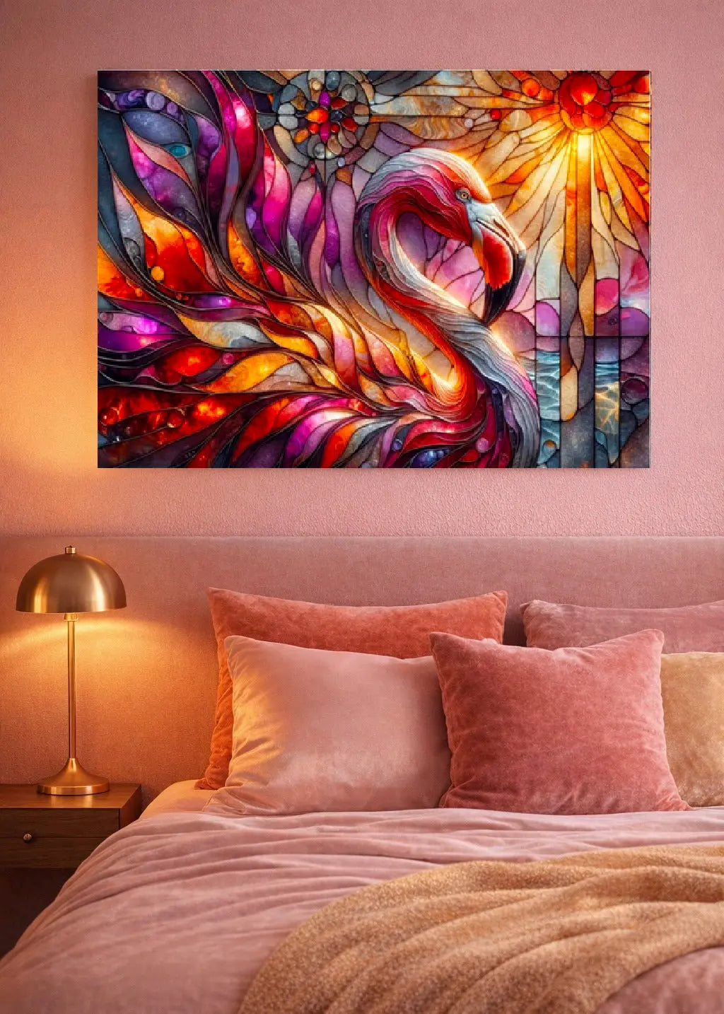 Affiche premium vitrail flamant rose et or, plumes segmentées, style art symbolique dans un intérieur chambre minimaliste sur un mur rose. Art symbolique contemporain - SEVEIA.