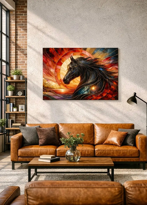 Affiche premium vitrail cheval noir en mouvement, tons rouges et or, style totem, dans un intérieur loft moderne sur un mur beige. Art symbolique contemporain  SEVEIA.