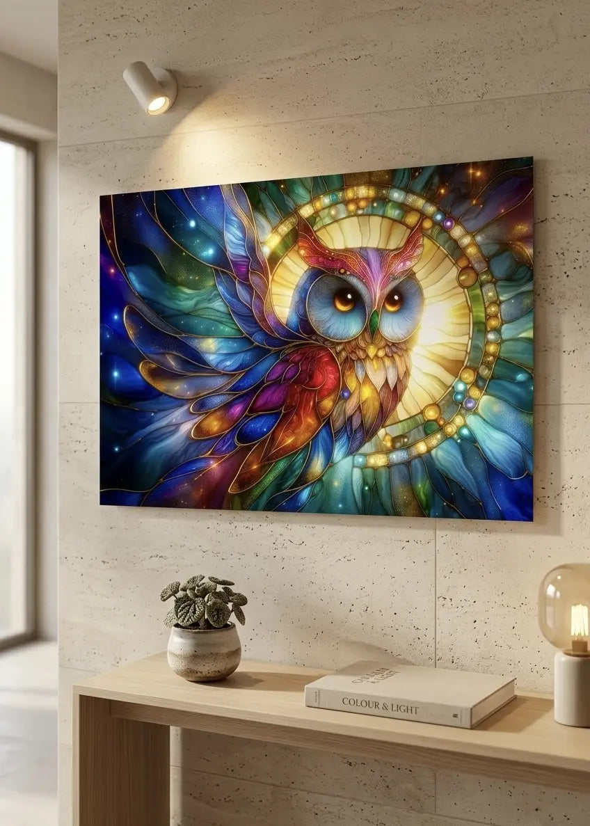 Affiche vitrail hibou doré sur fond circulaire lumineux dans un intérieur moderne minimaliste sur un mur beige, style art symbolique contemporain - SEVEIA.