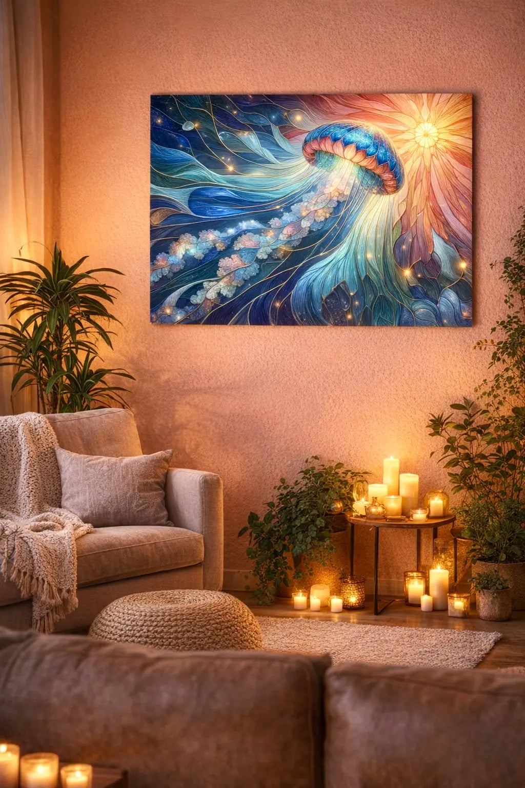 Affiche premium vitrail d'une méduse bleue et rose corail, ambiance océanique lumineuse, dans un intérieur salon méditatif sur un mur rose. Art symbolique contemporain - SEVEIA.