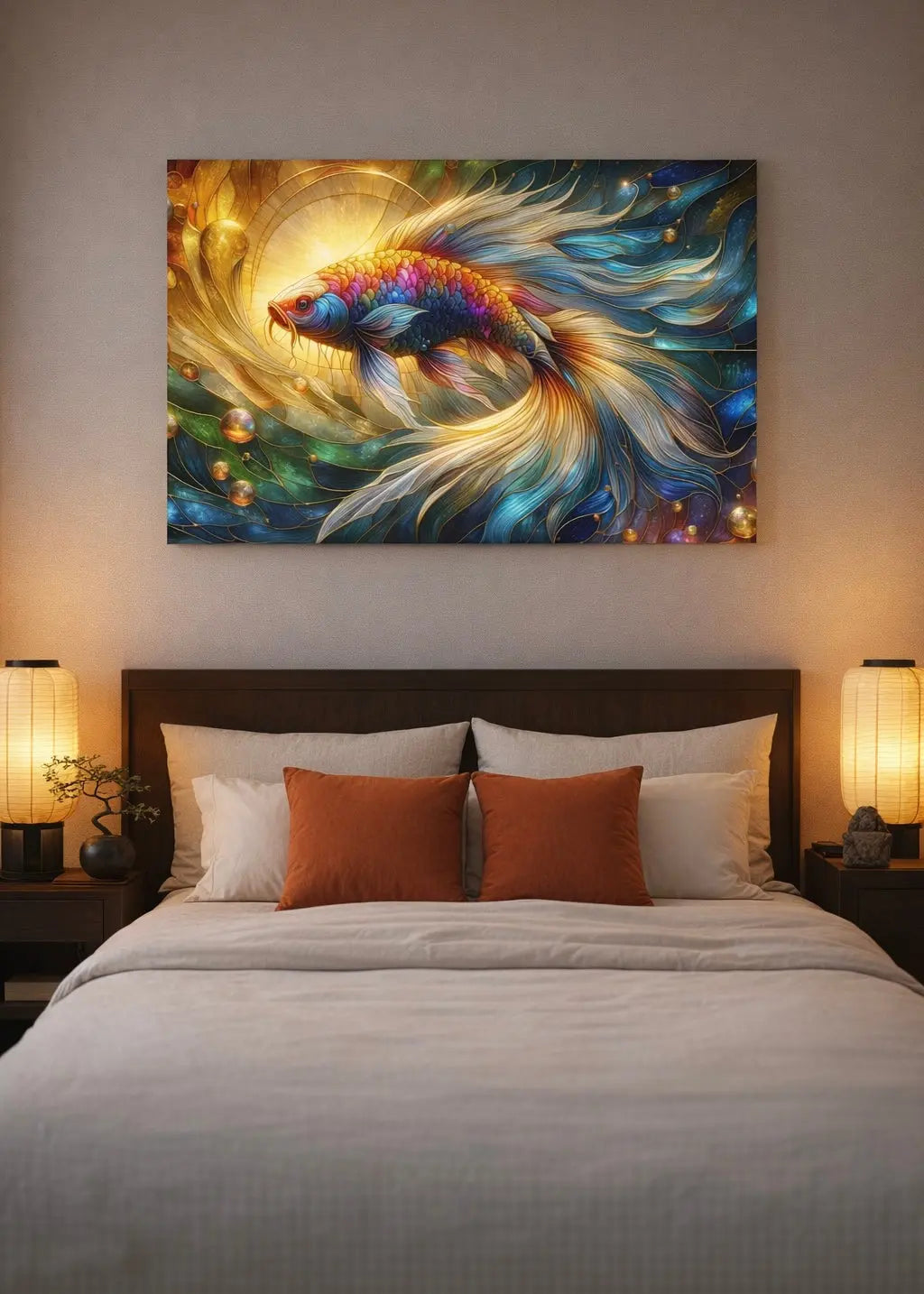 Poster premium vitrail poisson koï central avec halo mandala, couleurs iridescentes et contours dorés dans une chambre moderne minimaliste sur un mur beige. Art symbolique contemporain - SEVEIA.