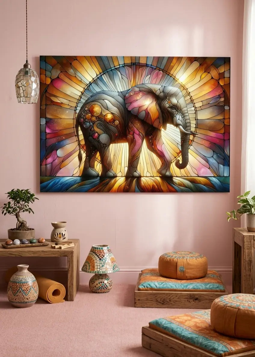Poster premium d'un éléphant coloré effet vitrail dans un intérieur zen méditatif contemporain minimaliste sur un mur rose poudré, art symbolique contemporain par SEVEIA.