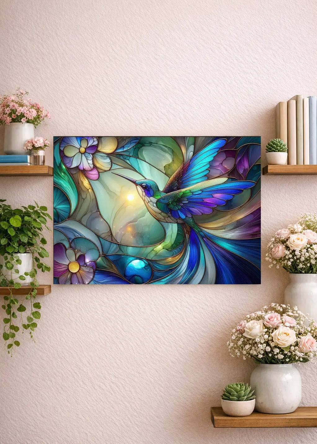 Affiche premium vitrail colibri en vol, plumes turquoise et émeraude, fleurs pastel et sertissage doré, dans un environnement zen et fleuri sur un mur rose poudré. Art symbolique contemporain - SEVEIA.