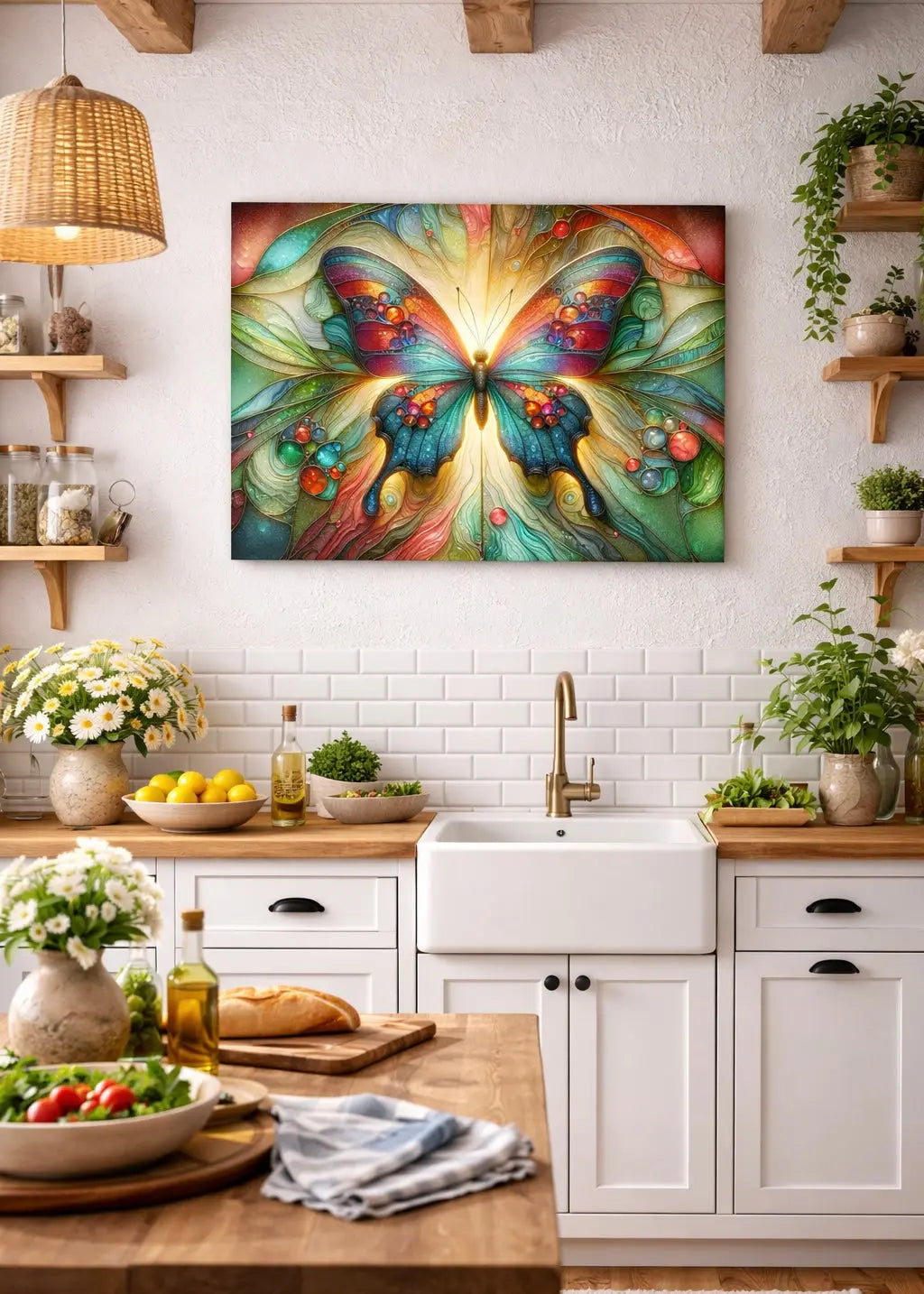 Affiche vitrail papillon multicolore avec halo doré, symbole de métamorphose dans un intérieur cuisine méditerranéenne sur un mur blanc, art symbolique contemporain - SEVEIA.