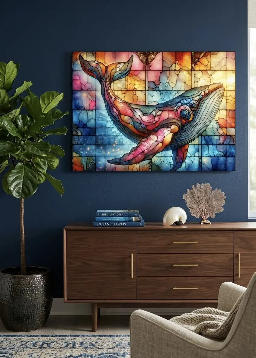 Affiche vitrail baleine en bleu saphir et turquoise, ambiance océanique et apaisante dans un intérieur salon contemporain sur un mur bleu, art symbolique contemporain - SEVEIA.