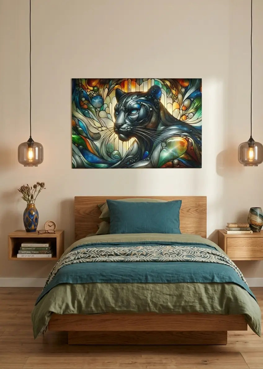 Poster premium d'une panthère colorée effet vitrail dans un intérieur chambre contemporaine minimaliste sur un mur beige, art symbolique contemporain par SEVEIA.