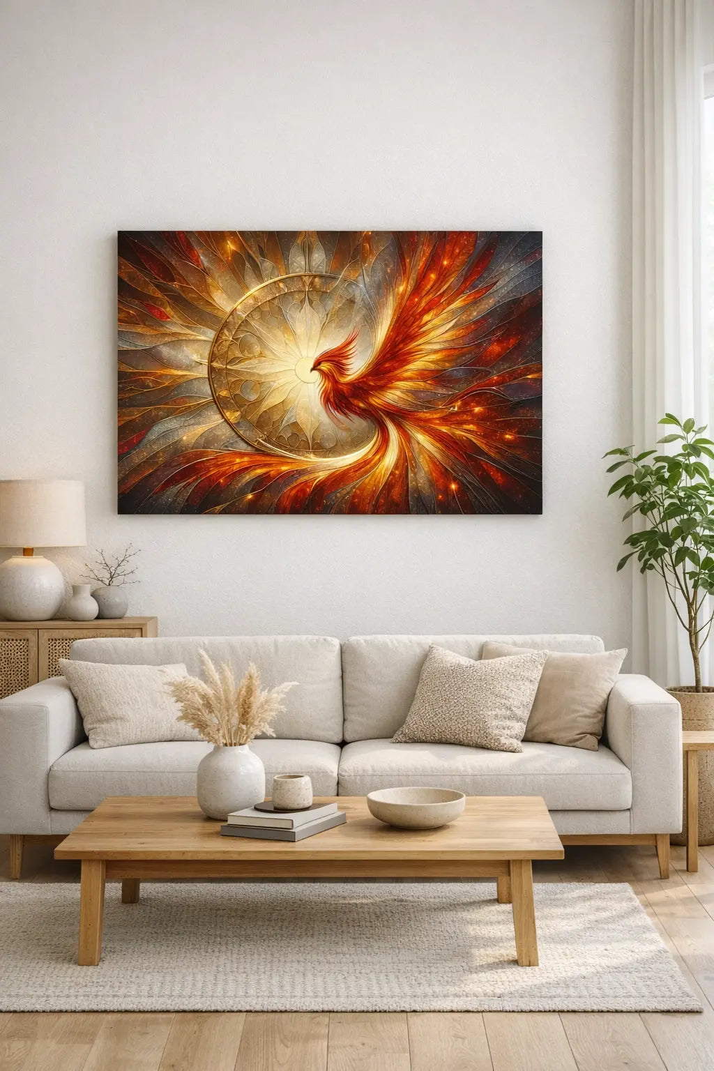 Affiche premium vitrail phénix rouge et or, explosion lumineuse centrale, symbole de renaissance dans un intérieur salon cosy minimaliste sur un mur blanc. Art symbolique contemporain - SEVEIA.