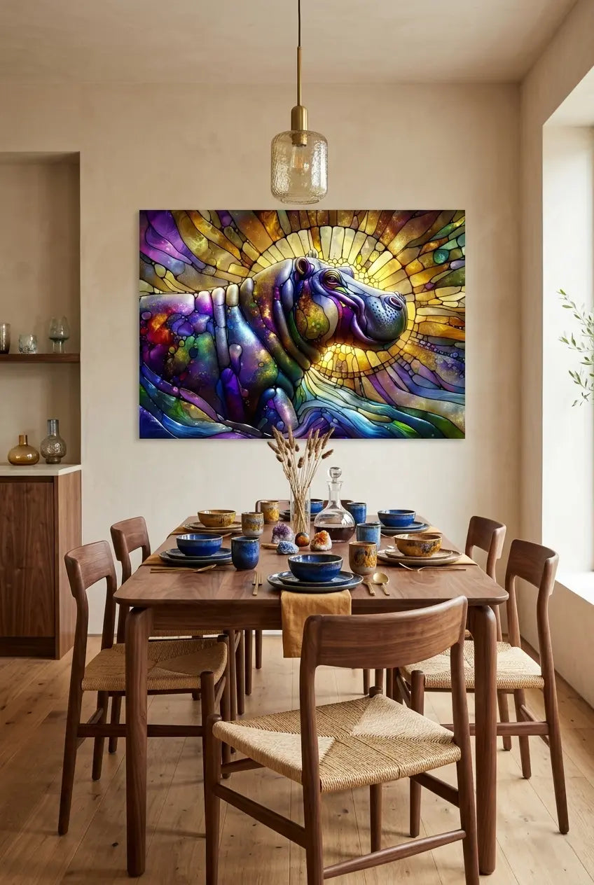 Poster premium d'un rhinocéros coloré effet vitrail dans un intérieur salle à manger contemporaine minimaliste sur un mur beige, art symbolique contemporain par SEVEIA.