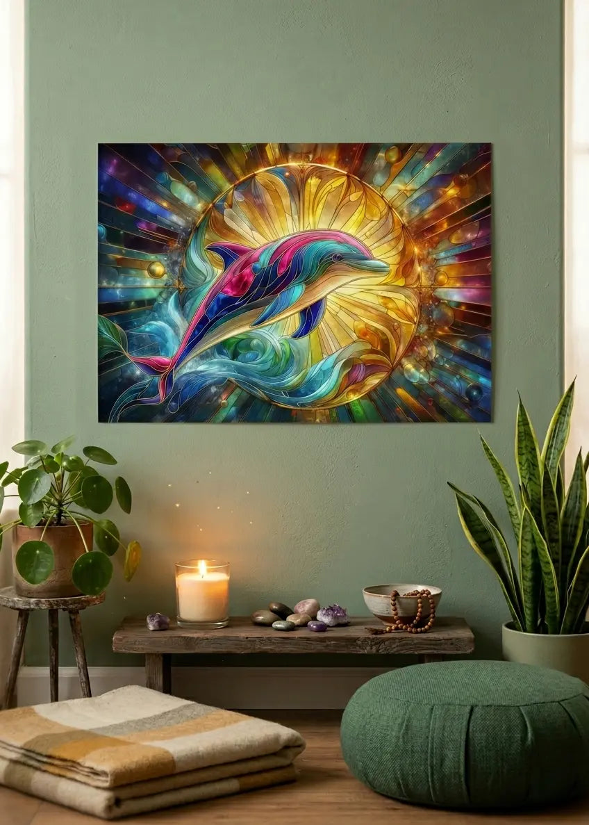 Affiche premium vitrail dauphin avec halo solaire, segments turquoise et rose, sertissage doré, dans un intérieur espace de méditation sur un mur vert sauge. Art symbolique contemporain - SEVEIA.
