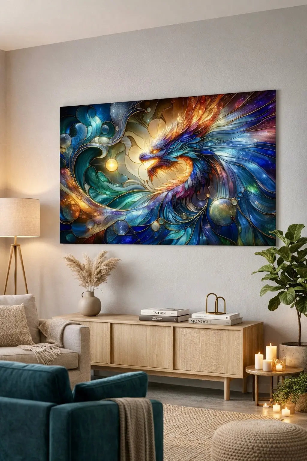 Affiche premium vitrail dragon bleu et or, ailes en spirale, symbole de force et puissance, dans un intérieur salon minimaliste moderne, sur un mur blanc. Art symbolique contemporain - SEVEIA.