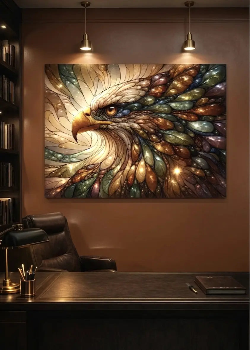 Affiche premium vitrail tête d’aigle dans les teintes marrons avec halo doré, dans un intérieur bureau moderne chic sur un mur marron glacé, style totem symbolique, art contemporain SEVEIA.
