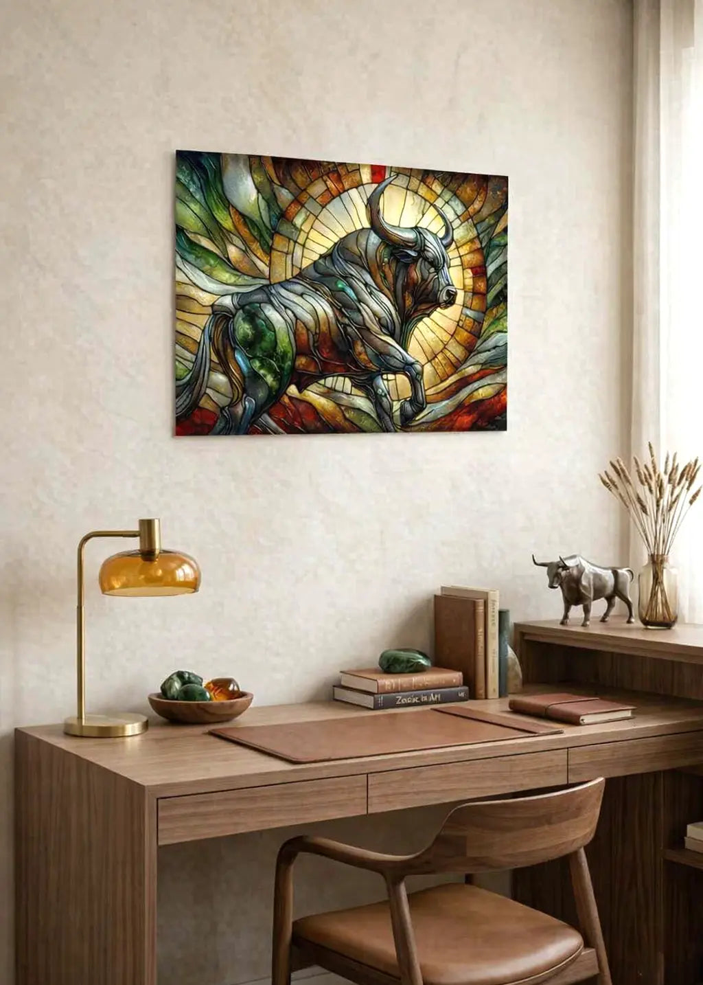 Poster premium d'un taureau coloré effet vitrail dans un intérieur bureau contemporain minimaliste sur un mur beige, art symbolique contemporain par SEVEIA.