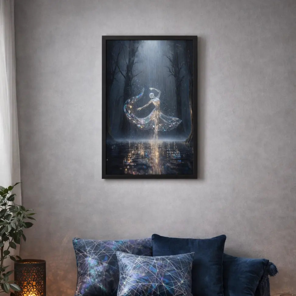 Poster encadré premium d'une danseuse lumineuse en robe cristalline dans une forêt sombre, art symbolique de transformation et d’énergie intérieure. Art symbolique contemporain SEVEIA.