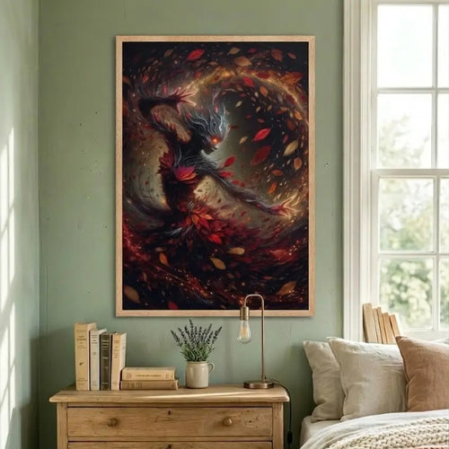 poster premium encadré d'art contemporain représentant une femme végétale entourée de feuilles d'automne, œuvre symbolique aux tons naturels rouges et organiques – SEVEIA