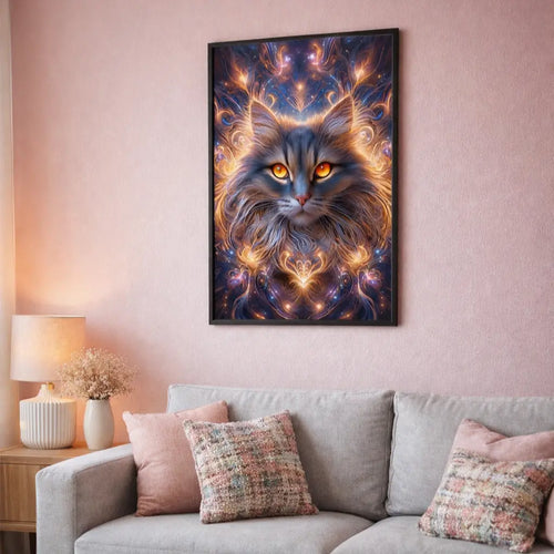 Poster premium encadré d'un chat cosmique aux yeux lumineux avec motifs énergétiques colorés, art symbolique sur l’intuition et le mystère. Art symbolique contemporain SEVEIA.