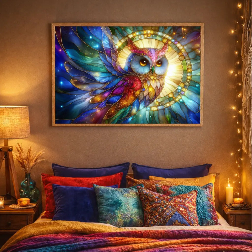 Poster premium encadré d'un hibou vitrail doré sur fond circulaire lumineux, style art symbolique contemporain - SEVEIA.