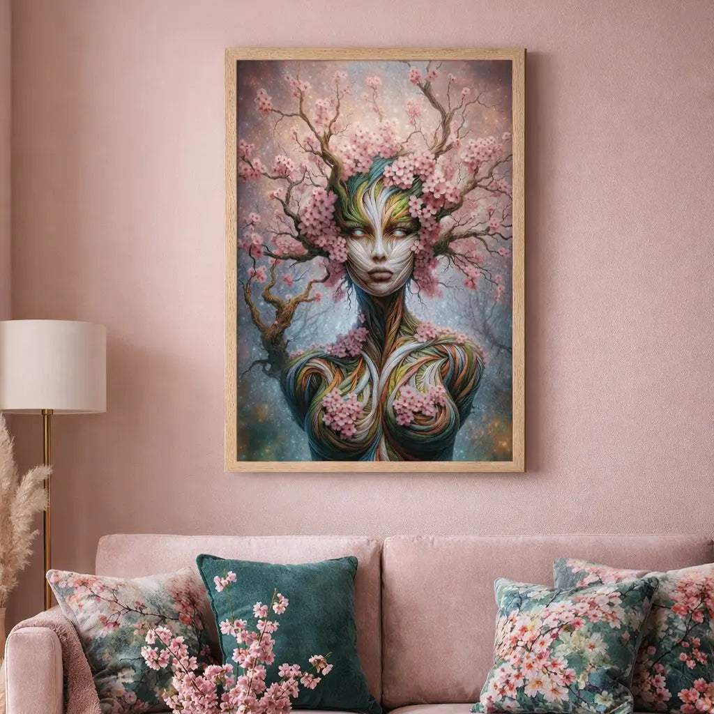 poster premium encadré d'art contemporain représentant une femme végétale entourée de fleurs de cerisier, œuvre symbolique aux tons naturels roses et organiques – SEVEIA