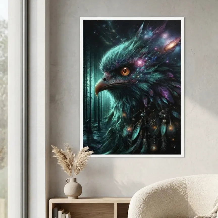 poster encadré d'art contemporain représentant un oiseau aux plumes bleues vertes et violettes dans une forêt, œuvre symbolique – SEVEIA 