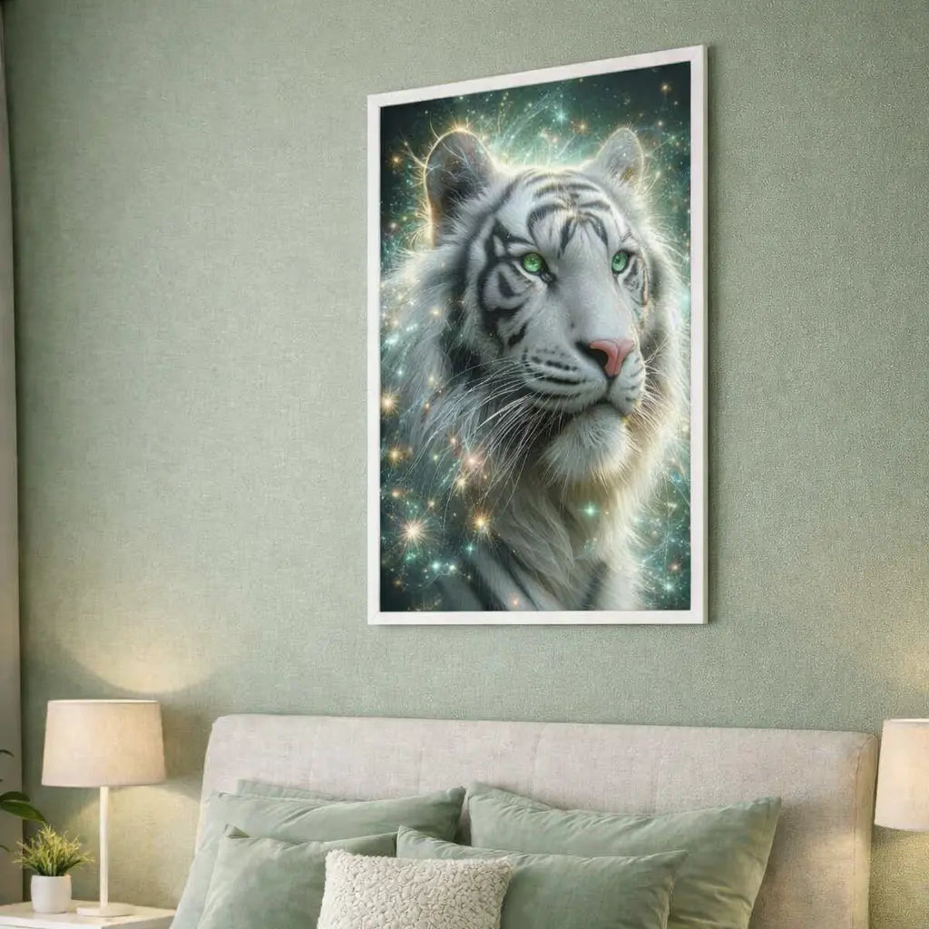 Poster premium encadré d'un tigre blanc cosmique avec regard intense vert entouré d’étoiles, art symbolique de puissance et de maîtrise intérieure. Art symbolique contemporain SEVEIA.