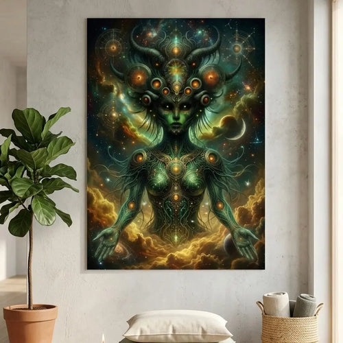 poster d'art contemporain représentant une créature extraterrestre cosmique, œuvre symbolique aux teintes vertes – SEVEIA
