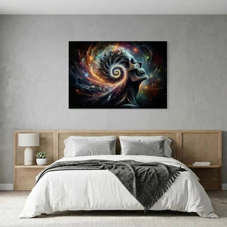 poster d'art contemporain représentant un crâne fossilisé dans un ciel cosmique, œuvre symbolique multicolore – SEVEIA 