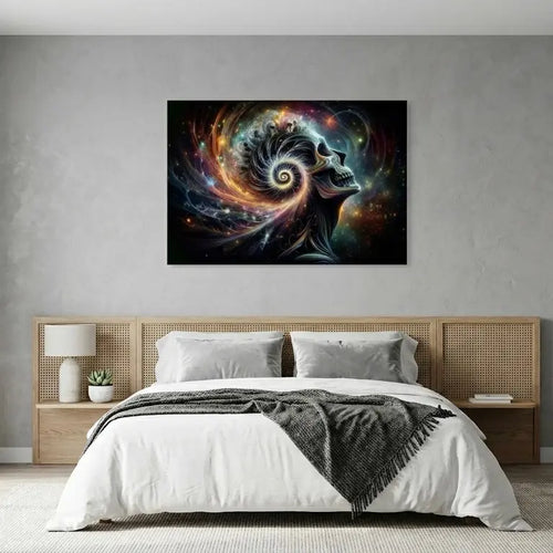 poster d'art contemporain représentant un crâne fossilisé dans un ciel cosmique, œuvre symbolique multicolore – SEVEIA 