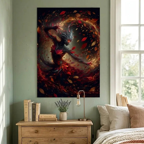 poster d'art contemporain représentant une femme végétale entourée de feuilles d'automne, œuvre symbolique aux tons naturels rouges et organiques – SEVEIA