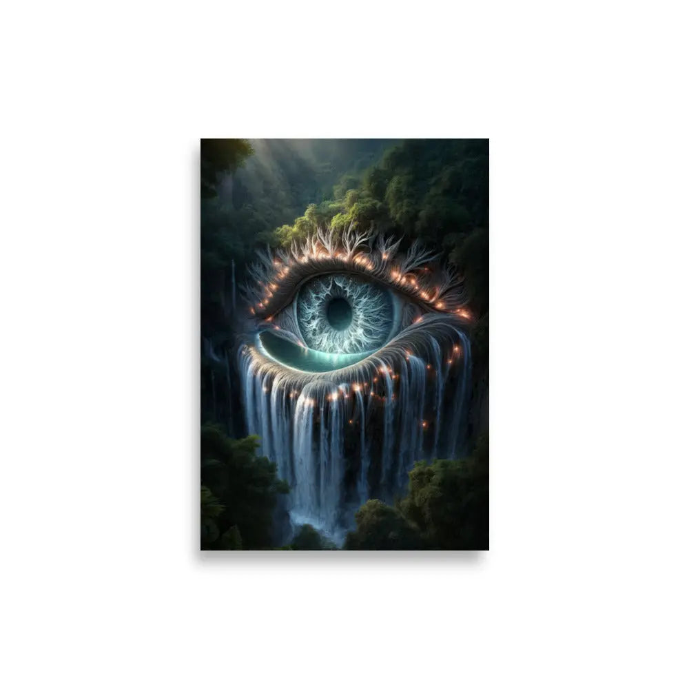 poster premium d'art contemporain 21x30 cm représentant un oeil dans la forêt dont les larmes sont une cascade, œuvre symbolique aux tons naturels et organiques – SEVEIA
