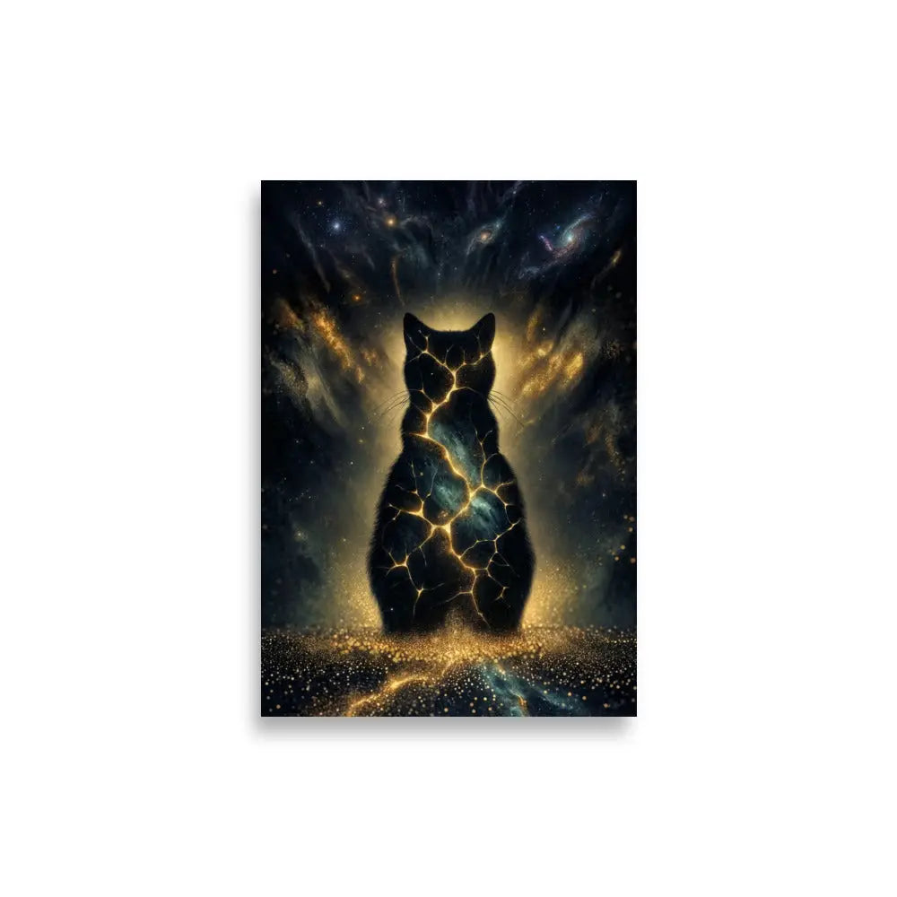 Poster premium d'art contemporain 21x30 cm représentant un chat cosmique incandescent avec des fissures lumineuses dorées et une aura stellaire - SEVEIA