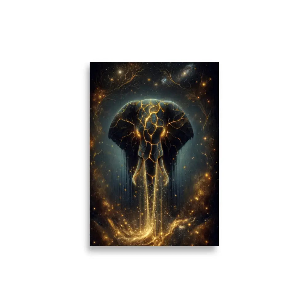 Poster premium d'art contemporain 21x30 cm représentant un éléphant doré céleste avec des fissures lumineuses et une aura spirituelle - SEVEIA