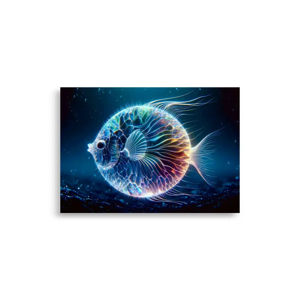 Poster d'art contemporain 21x30 cm représentant  un poisson boule néon translucide nageant dans un environnement marin lumineux - SEVEIA