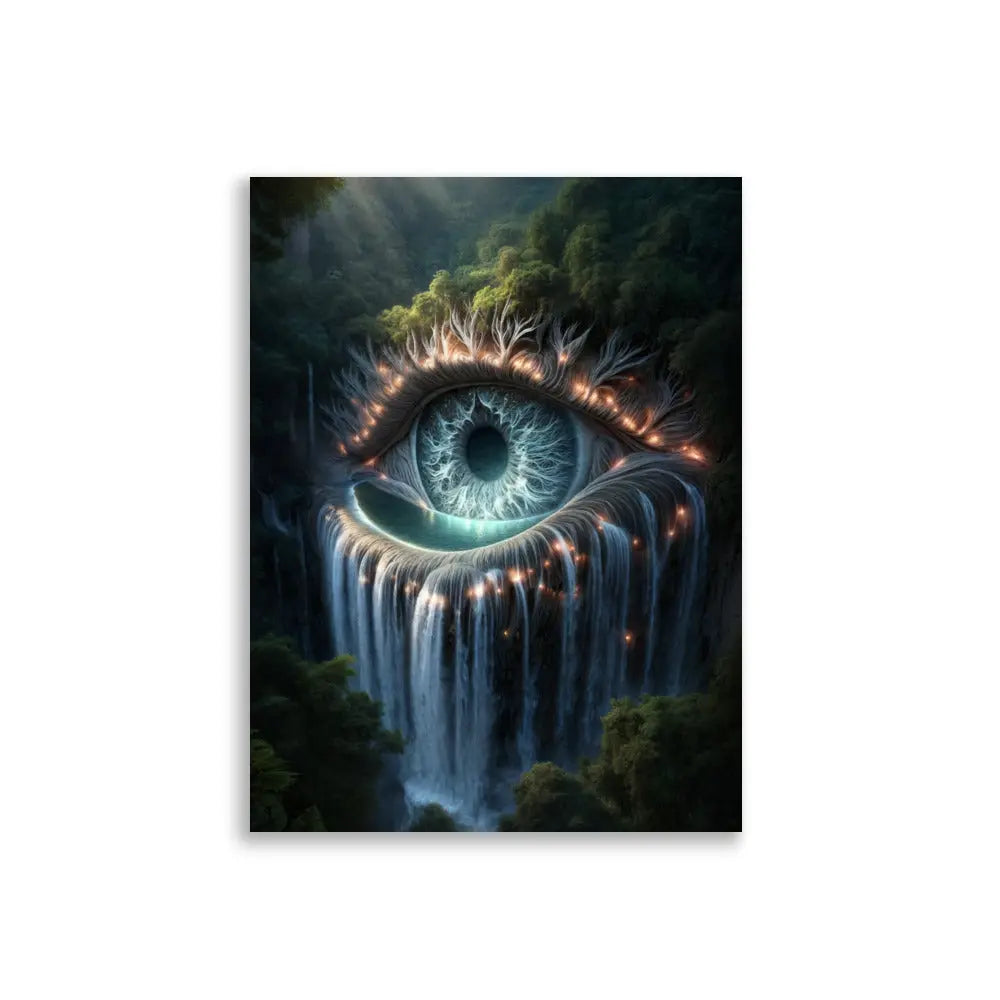 poster premium d'art contemporain 30x40 cm représentant un oeil dans la forêt dont les larmes sont une cascade, œuvre symbolique aux tons naturels et organiques – SEVEIA