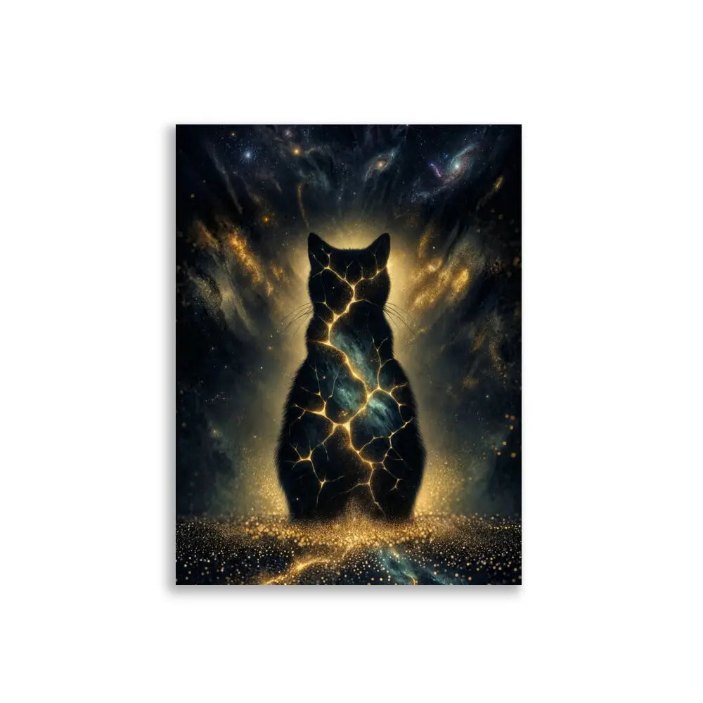 Poster premium d'art contemporain 30x40 cm représentant un chat cosmique incandescent avec des fissures lumineuses dorées et une aura stellaire - SEVEIA