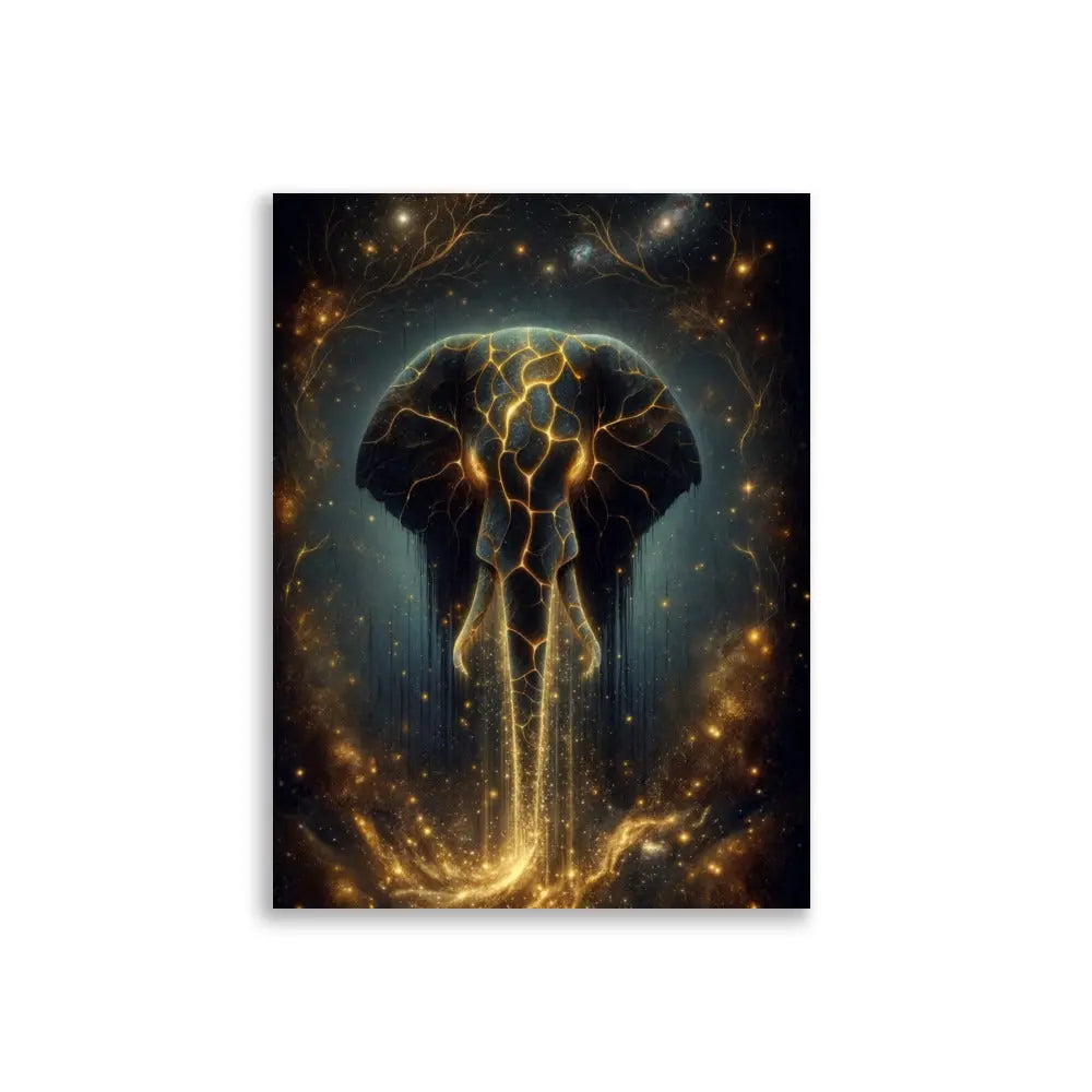 Poster premium d'art contemporain 30x40 cm représentant un éléphant doré céleste avec des fissures lumineuses et une aura spirituelle - SEVEIA