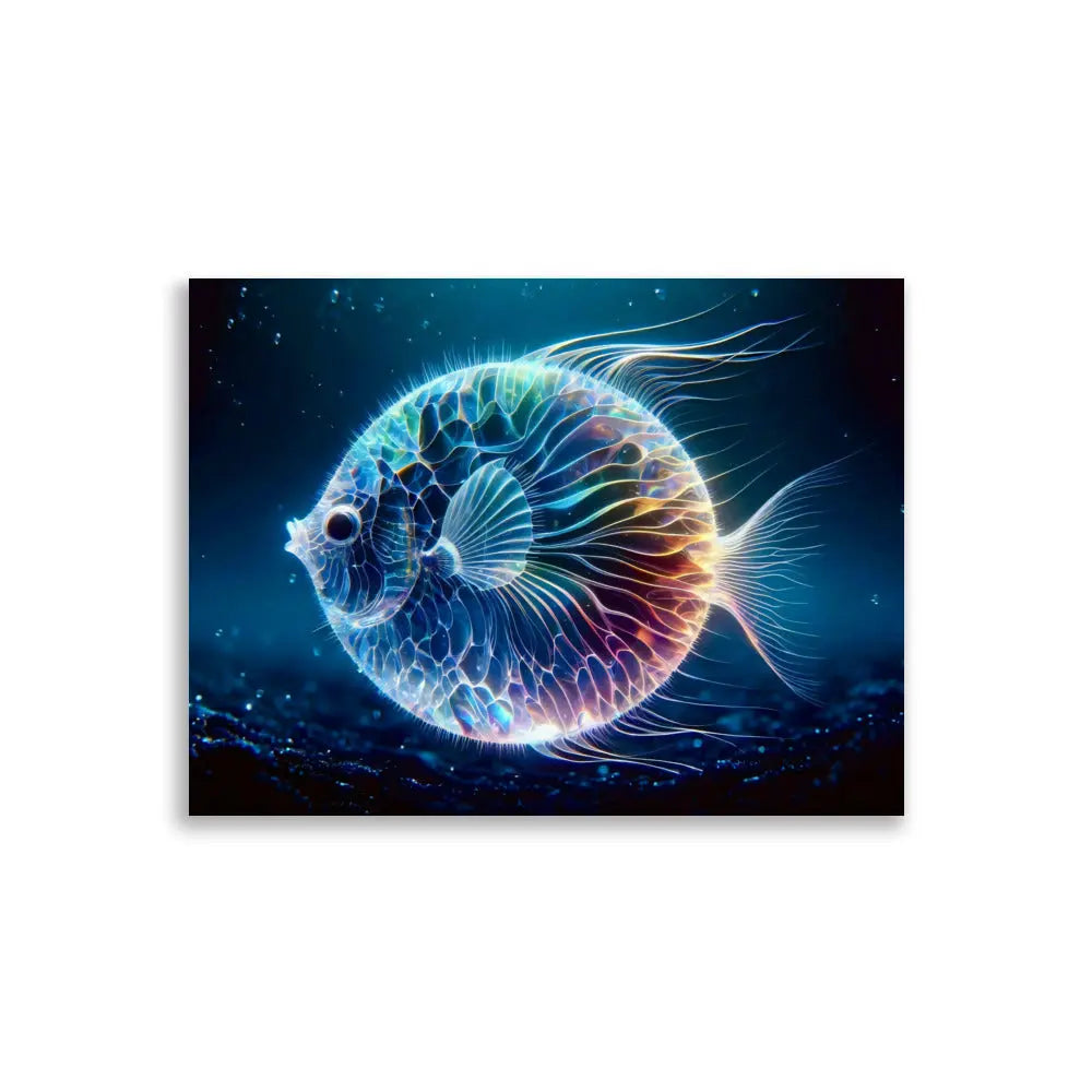 Poster d'art contemporain 30x40 cm représentant  un poisson boule néon translucide nageant dans un environnement marin lumineux - SEVEIA