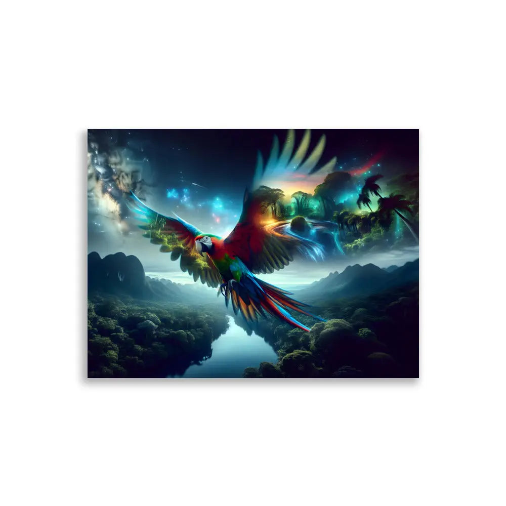 Poster d'art 30x40 cm contemporain représentant  un perroquet lumineux en plein vol avec des plumes multicolores rayonnantes et un paysage de jungle - SEVEIA