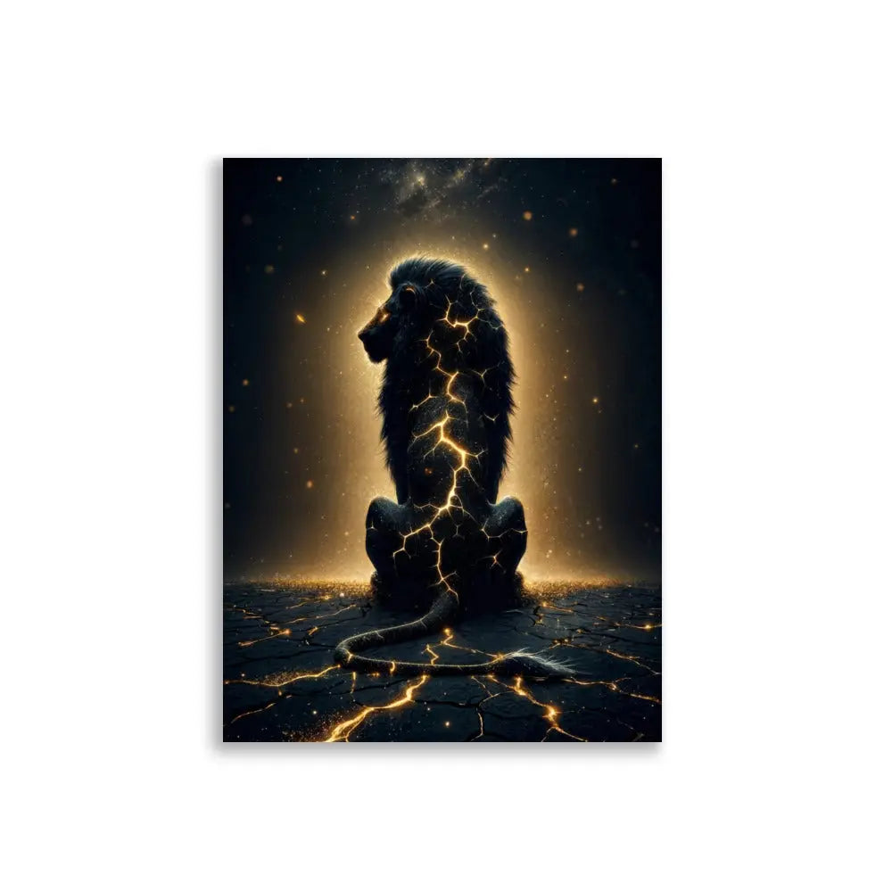 poster premium 30x40 cm d'un Lion assis avec fissures lumineuses dorées sur le corps, art symbolique contemporain représentant la résilience et la force intérieure pour décoration murale - SEVEIA