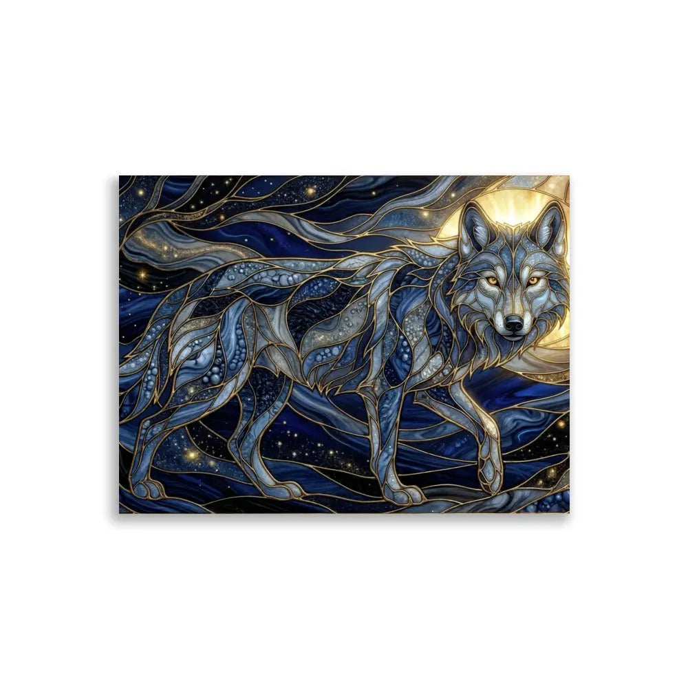 Poster premium 30x40 cm d'un loup gris et bleu comme les racines entrelacées avec énergie cosmique et lumière dorée, art symbolique contemporain représentant l’ancrage, la connexion à la nature et à l’univers - SEVEIA