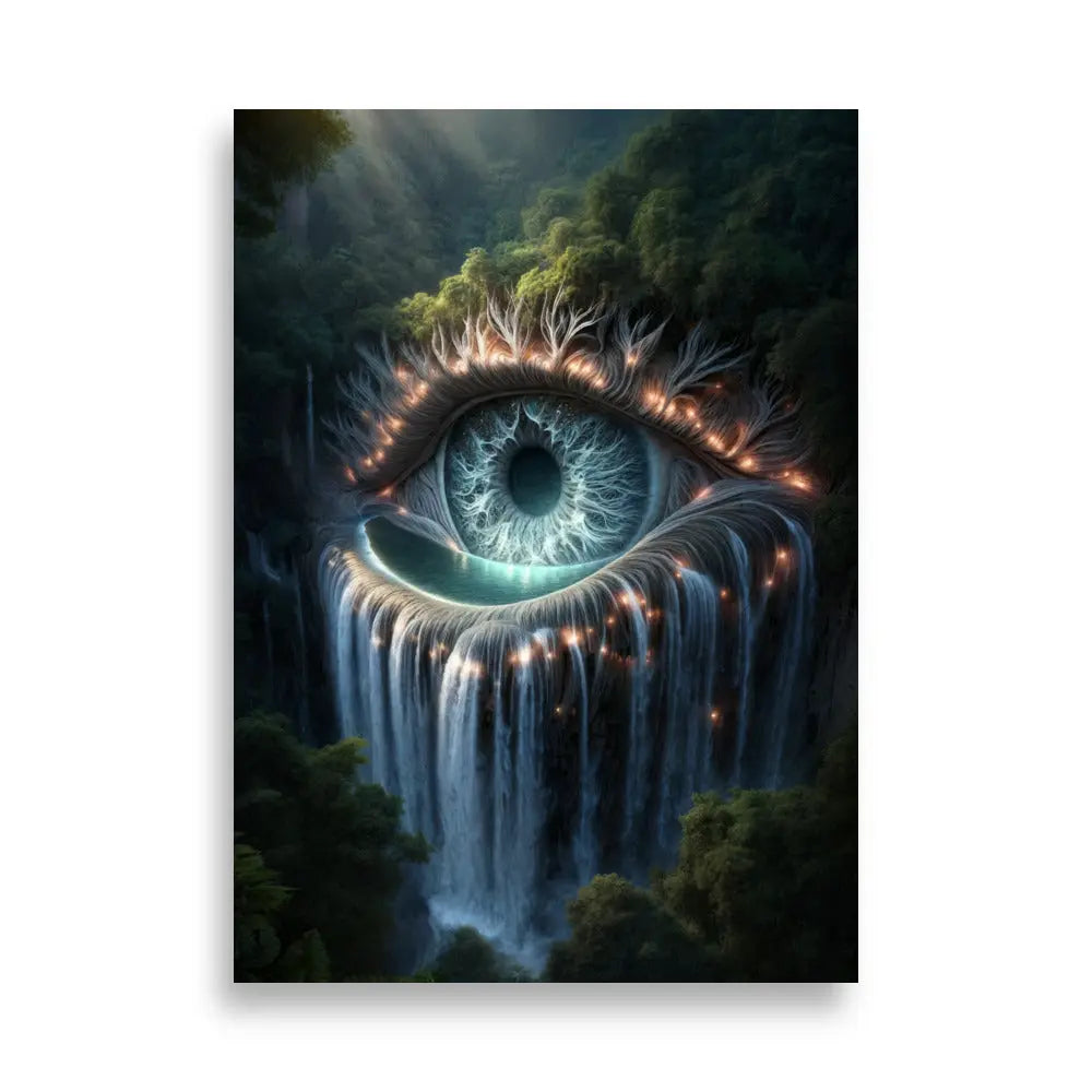 poster premium d'art contemporain 50x70 cm représentant un oeil dans la forêt dont les larmes sont une cascade, œuvre symbolique aux tons naturels et organiques – SEVEIA