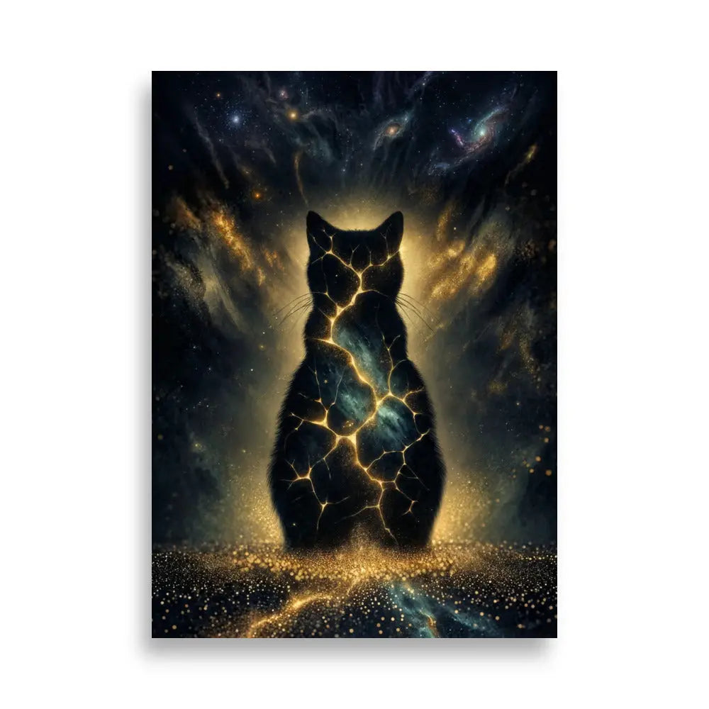 Poster premium d'art contemporain 50x70 cm représentant un chat cosmique incandescent avec des fissures lumineuses dorées et une aura stellaire - SEVEIA