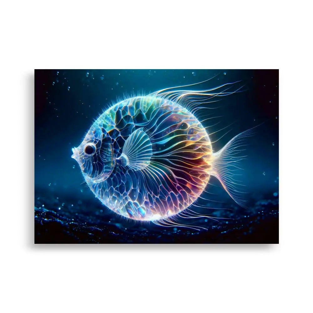 Poster d'art contemporain 50x70 cm représentant  un poisson boule néon translucide nageant dans un environnement marin lumineux - SEVEIA