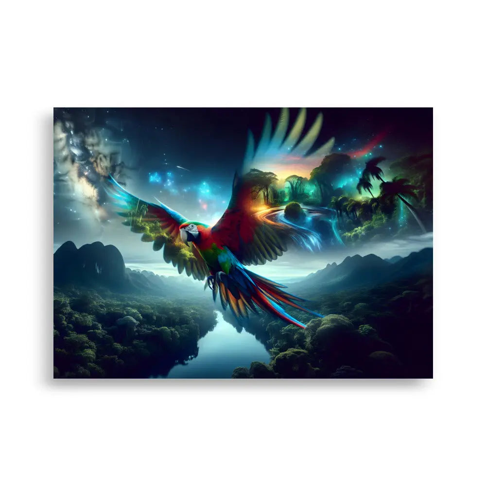 Poster d'art contemporain 50x70 cm représentant  un perroquet lumineux en plein vol avec des plumes multicolores rayonnantes et un paysage de jungle - SEVEIA